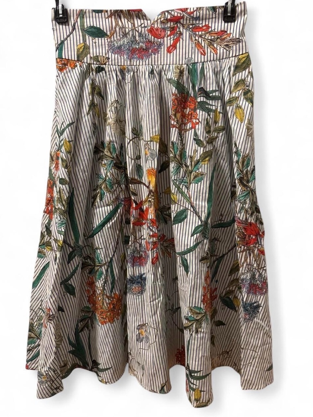 Zara Striped Floral A-Line Midi Skirt in Cream, Green and Rust